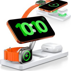 Foldable 3-in-1 Wireless Charging Station for Apple Magsafe Charger Stand, Travel-Friendly Fast Magnetic Wireless Charger Station for iPhone 17/16/15/14/13/12, Apple Watch & AirPods Series, White