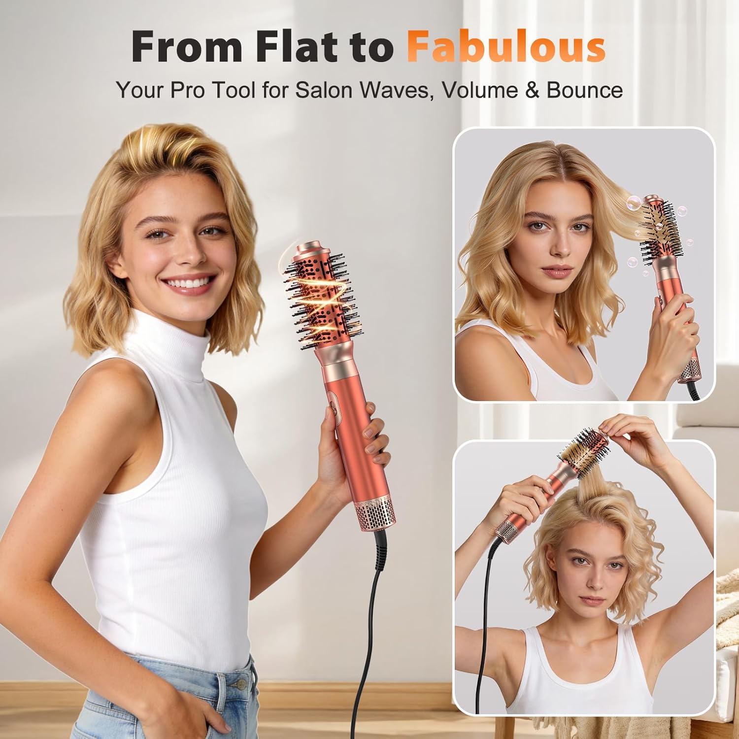 5 in 1 Blow Dryer Brush Set, Upgrade Hair Dryer & Blow Dryer Brush & Air Curling Wrap & Paddle Brush, Detachable Hot Air Brush Styling Tools, High Speed Travel Hair Volumizer Straightener Curler Gold - Image 8