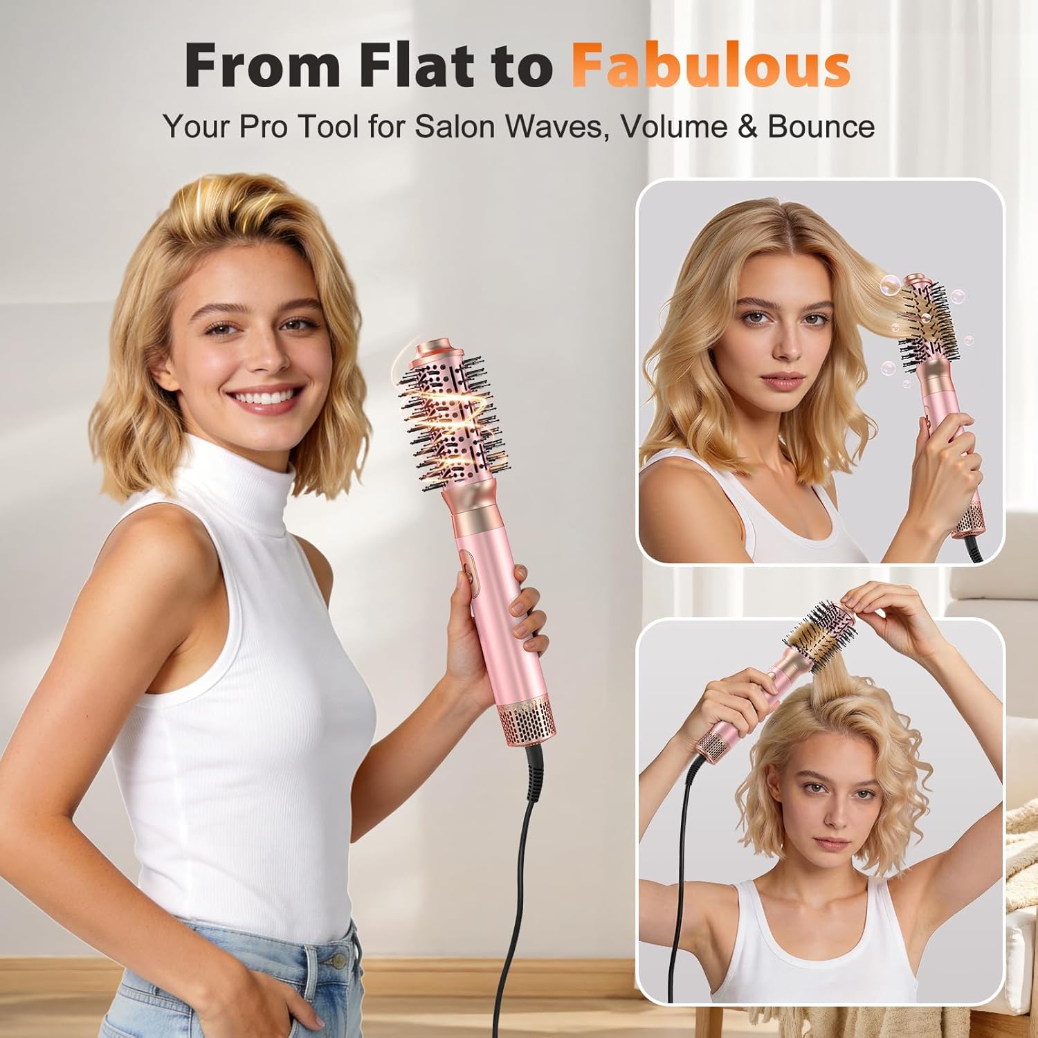 5 in 1 Blow Dryer Brush Set, Upgrade Hair Dryer & Blow Dryer Brush & Air Curling Wrap & Paddle Brush, Detachable Hot Air Brush Styling Tools, High Speed Travel Hair Volumizer Straightener Curler Pink - Image 3