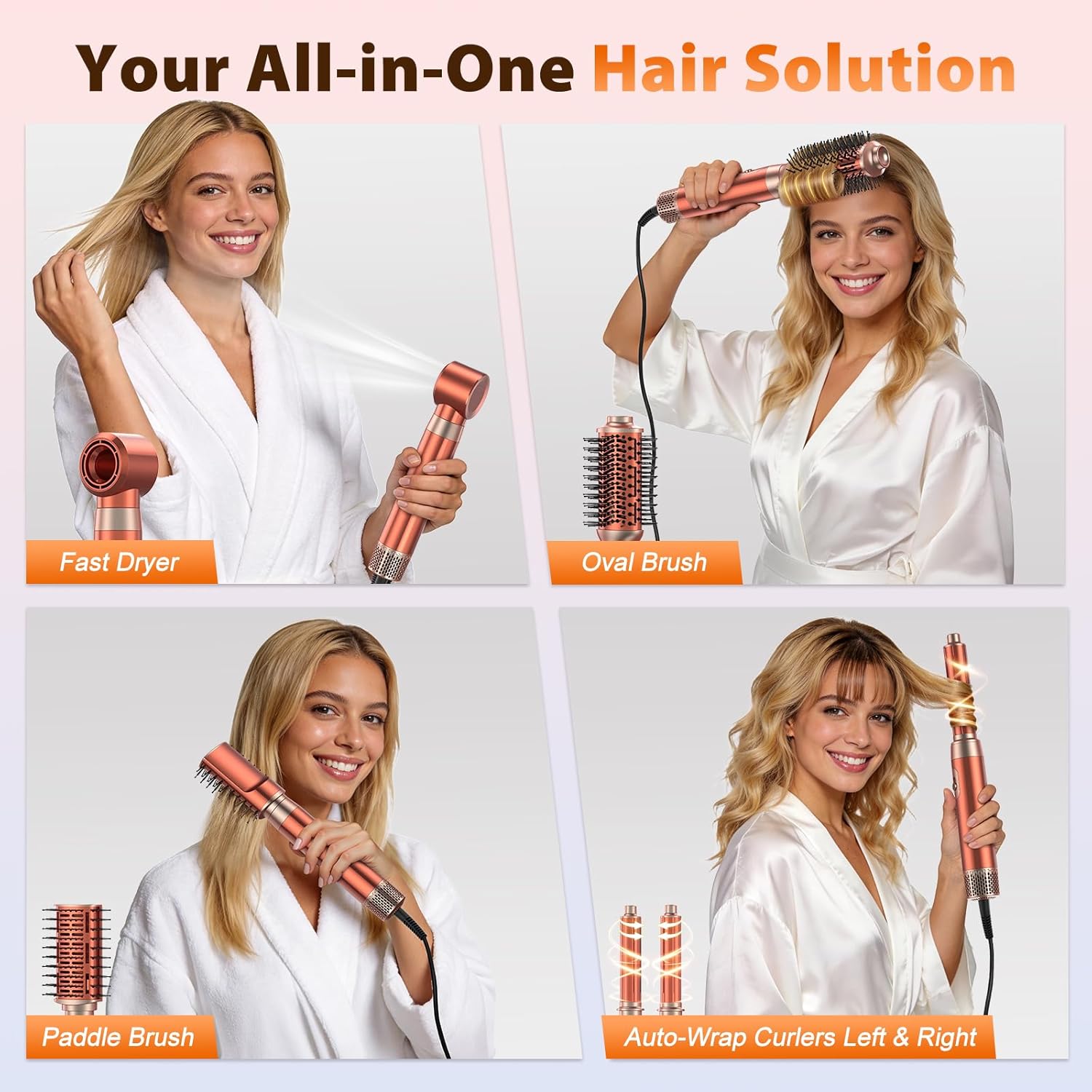 5 in 1 Blow Dryer Brush Set, Upgrade Hair Dryer & Blow Dryer Brush & Air Curling Wrap & Paddle Brush, Detachable Hot Air Brush Styling Tools, High Speed Travel Hair Volumizer Straightener Curler Gold - Image 4