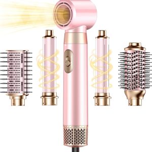 5 in 1 Blow Dryer Brush Set, Upgrade Hair Dryer & Blow Dryer Brush & Air Curling Wrap & Paddle Brush, Detachable Hot Air Brush Styling Tools, High Speed Travel Hair Volumizer Straightener Curler Pink