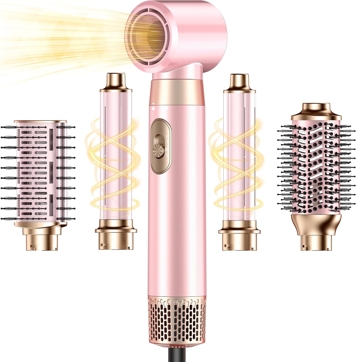 5 in 1 Blow Dryer Brush Set, Upgrade Hair Dryer & Blow Dryer Brush & Air Curling Wrap & Paddle Brush, Detachable Hot Air Brush Styling Tools, High Speed Travel Hair Volumizer Straightener Curler Pink