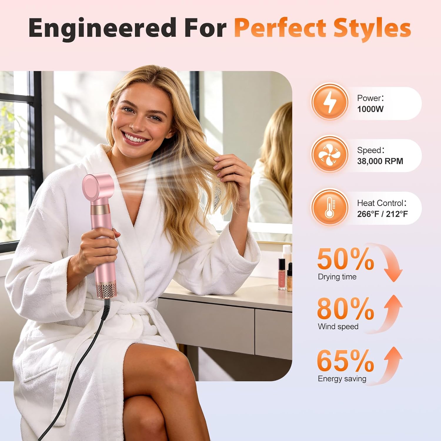 5 in 1 Blow Dryer Brush Set, Upgrade Hair Dryer & Blow Dryer Brush & Air Curling Wrap & Paddle Brush, Detachable Hot Air Brush Styling Tools, High Speed Travel Hair Volumizer Straightener Curler Pink - Image 5