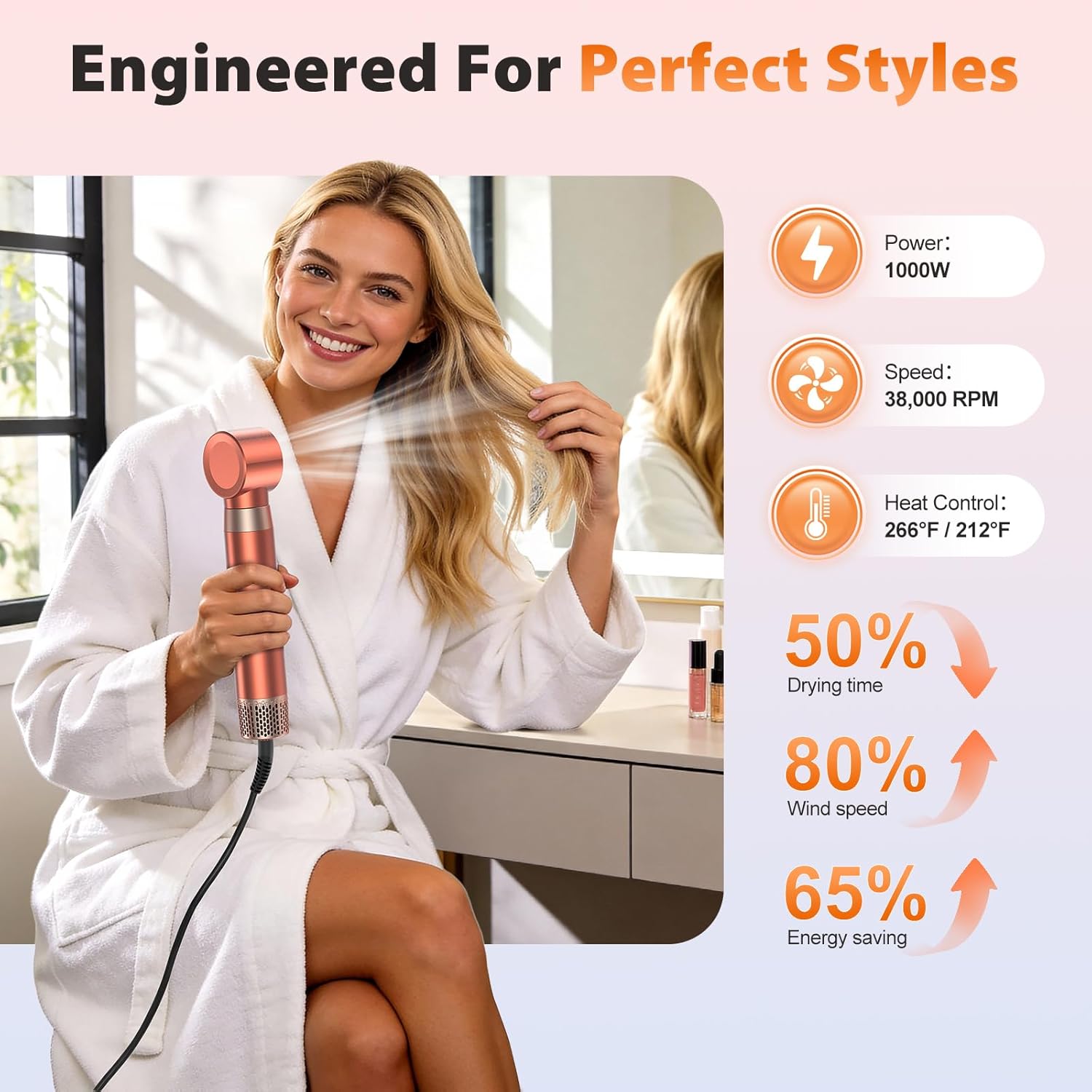 5 in 1 Blow Dryer Brush Set, Upgrade Hair Dryer & Blow Dryer Brush & Air Curling Wrap & Paddle Brush, Detachable Hot Air Brush Styling Tools, High Speed Travel Hair Volumizer Straightener Curler Gold - Image 2