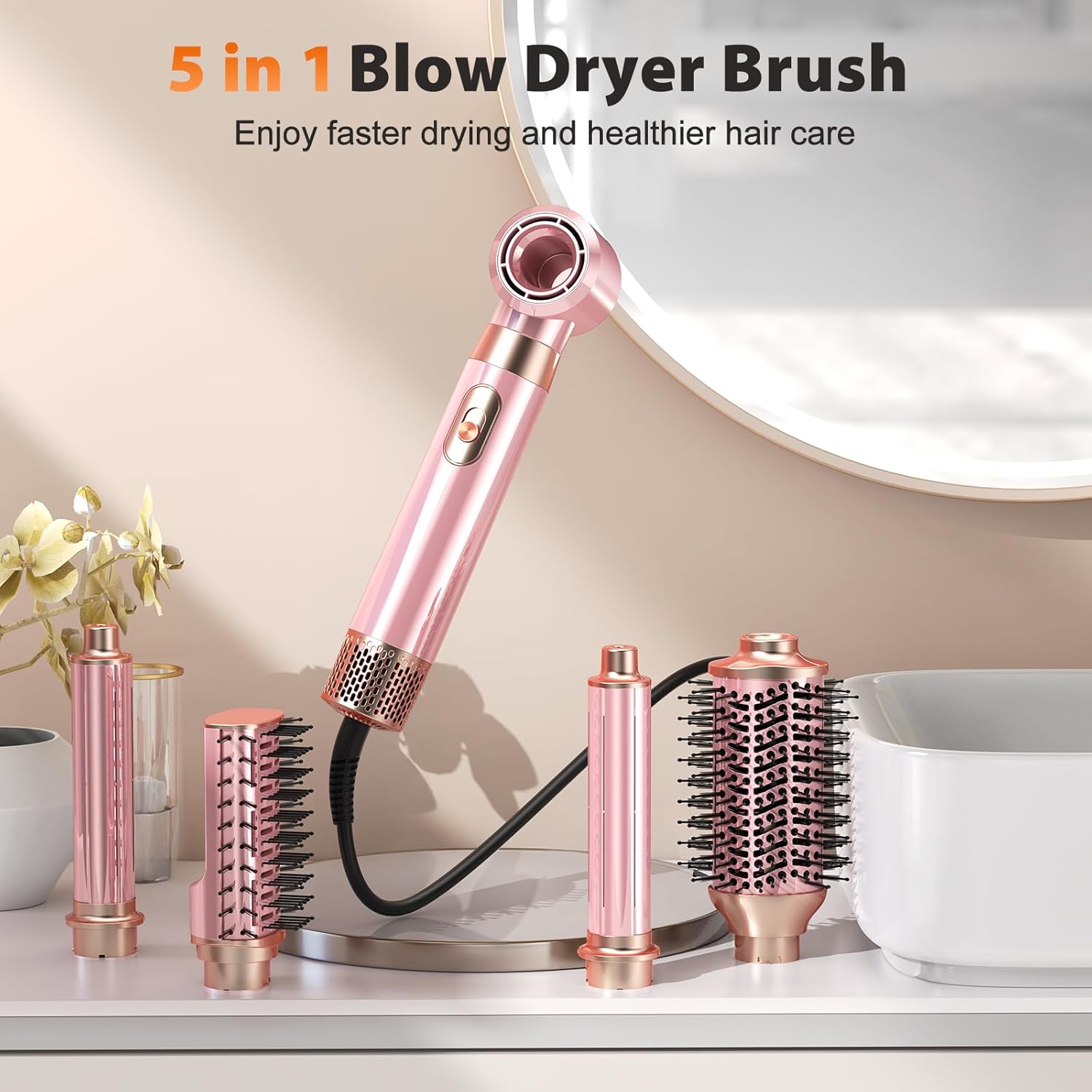 5 in 1 Blow Dryer Brush Set, Upgrade Hair Dryer & Blow Dryer Brush & Air Curling Wrap & Paddle Brush, Detachable Hot Air Brush Styling Tools, High Speed Travel Hair Volumizer Straightener Curler Pink - Image 4