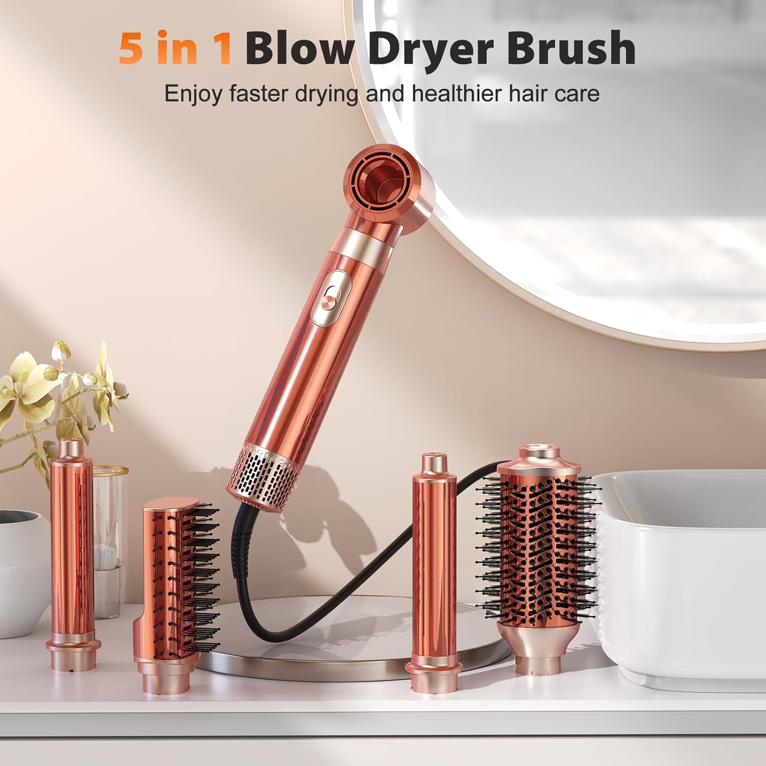 5 in 1 Blow Dryer Brush Set, Upgrade Hair Dryer & Blow Dryer Brush & Air Curling Wrap & Paddle Brush, Detachable Hot Air Brush Styling Tools, High Speed Travel Hair Volumizer Straightener Curler Gold - Image 5