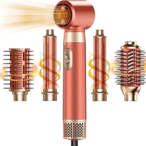 5 in 1 Blow Dryer Brush Set, Upgrade Hair Dryer & Blow Dryer Brush & Air Curling Wrap & Paddle Brush, Detachable Hot Air Brush Styling Tools, High Speed Travel Hair Volumizer Straightener Curler Gold